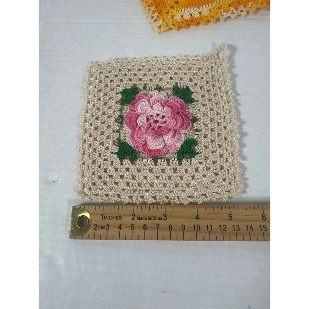 Handmade Vintage Crochet Pot Holders Set 7 Multicolor Floral Granny Square